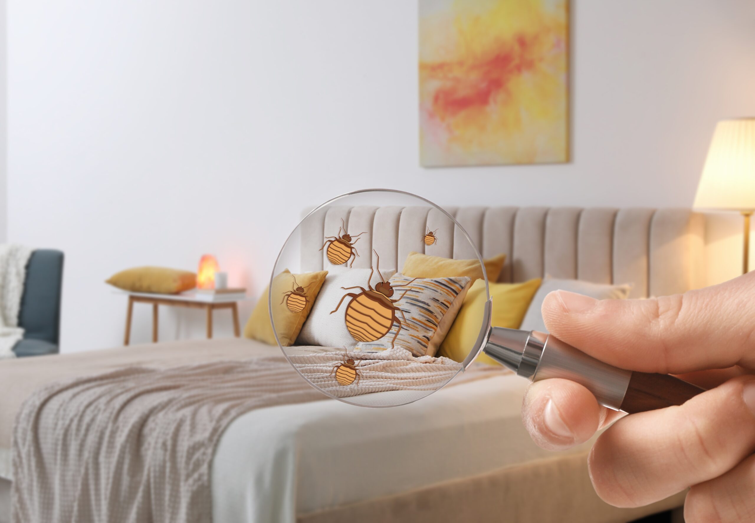 Woman,With,Magnifying,Glass,Detecting,Bed,Bugs,In,Bedroom,,Closeup